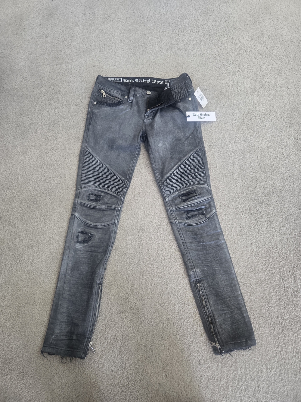 Rock Revival Gray Moto Distressed Biker Jeans Size 27 New With Tags